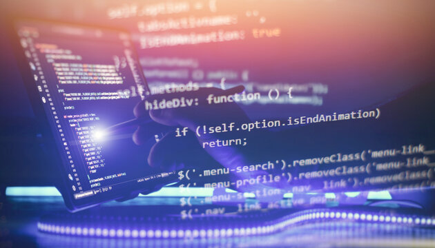 Conceptual software development. Programmer hand with stylus on touchscreen and abstract glowing coding overlay in neon light.