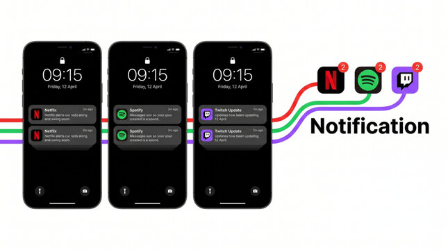 2026 Mobile notification mockup template for Netflix Spotify and Twitch. App push notifications on smartphone screen interface. Social media notification badges and lock screen UI design layout set.
