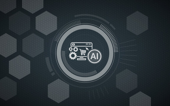 Eine digitale Darstellung zeigt ein KI-Icon in einem technologischen Interface mit Zahnr&auml;dern und einem Einkaufswagen. Diese Grafik visualisiert moderne ai Anwendungen im E-Commerce.