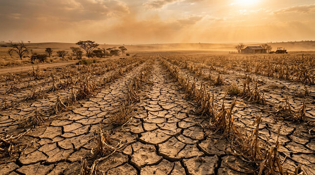 Drought landscape with cracked dry earth and dead crops