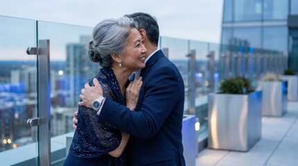Obraz premium Elegant couple embracing on a rooftop terrace with city skyline at dusk
