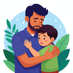 Naklejka premium Father comforts crying son in rain with green shirt and blue polo