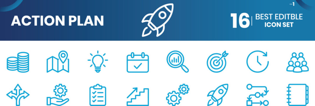 Editable action plan icon set 16 essential business icons. Action plan flat icons collection. Planning actions and processes in business operations. Planning, schedule, strategy, analysis, tasks, goal