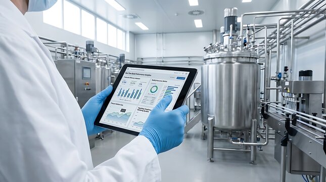 Scientist in lab coat using tablet with analytics in pharmaceutical manufacturing plant