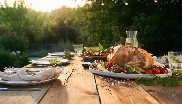 Summer Garden Dinner With Chicken and Vegetables Wide View
