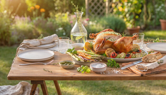 Summer Garden Dinner With Chicken and Vegetables Wide View
