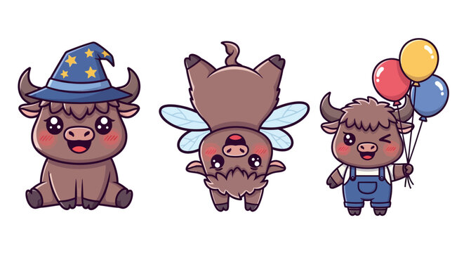 Whimsical cartoon buffalo characters in costumes and accessories.