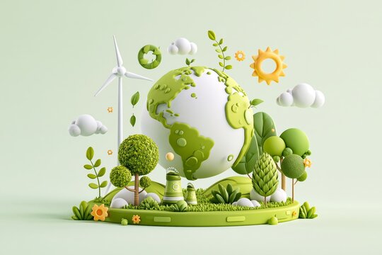 Website landing page or presentation slide layout with 3D render illustration of the concept of sustainability or environmental protection. Save tha earth. 3D render cartoon vector illustration