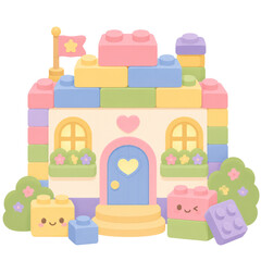 Fototapeta premium A playful toy block house made from colorful building bricks with a cute pastel palette and a fun