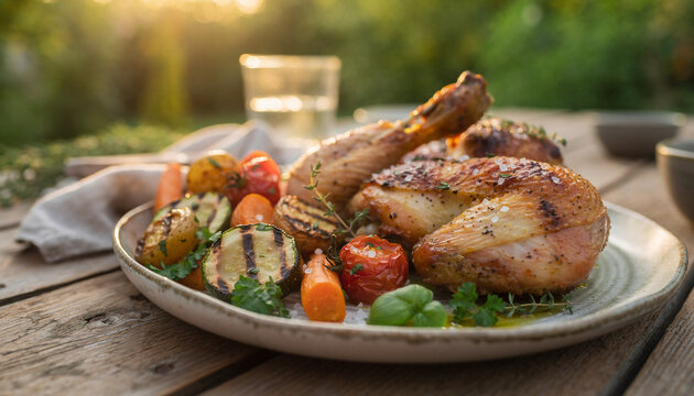 Close Up of Summer Garden Dinner With Chicken and Vegetables
