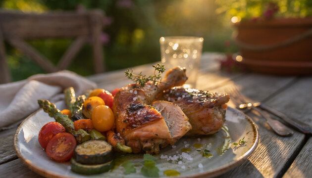 Close Up of Summer Garden Dinner With Chicken and Vegetables
