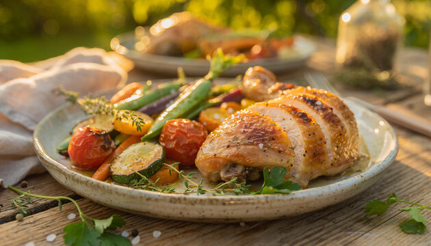 Close Up of Summer Garden Dinner With Chicken and Vegetables
