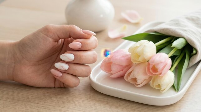 Elegant hand with marble nails next to pastel tulips on a white plate