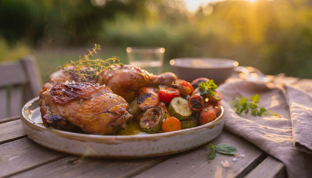 Close Up of Summer Garden Dinner With Chicken and Vegetables
