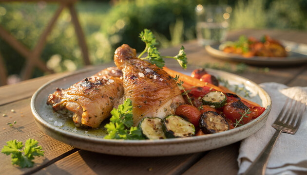 Close Up of Summer Garden Dinner With Chicken and Vegetables
