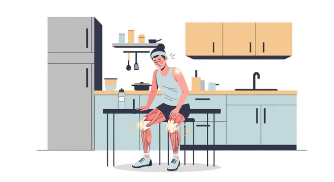 Tired runner resting in kitchen after exercise, muscle ache, exhaustion concept