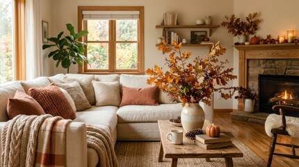 Obraz premium Cozy living room with sectional sofa and autumn decor by the fireplace