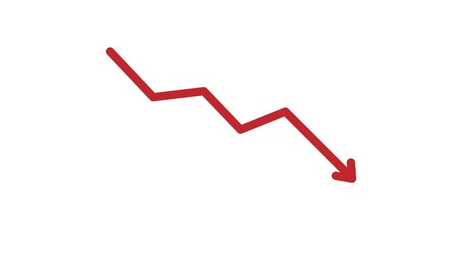 4K motion graphic of decreasing graph or stock market with transparent alpha channel. 2D transparency cartoon animation of red arrow falling down video isolated on white background.