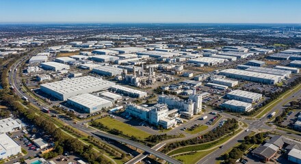 Fototapeta premium Expansive Industrial Estate with Manufacturing Facilities and Warehouses, Viewed from Aerial Perspective