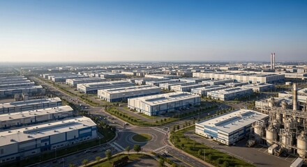 Fototapeta premium Expansive Industrial Estate with Numerous Warehouses and Logistics Centers Viewed from Above