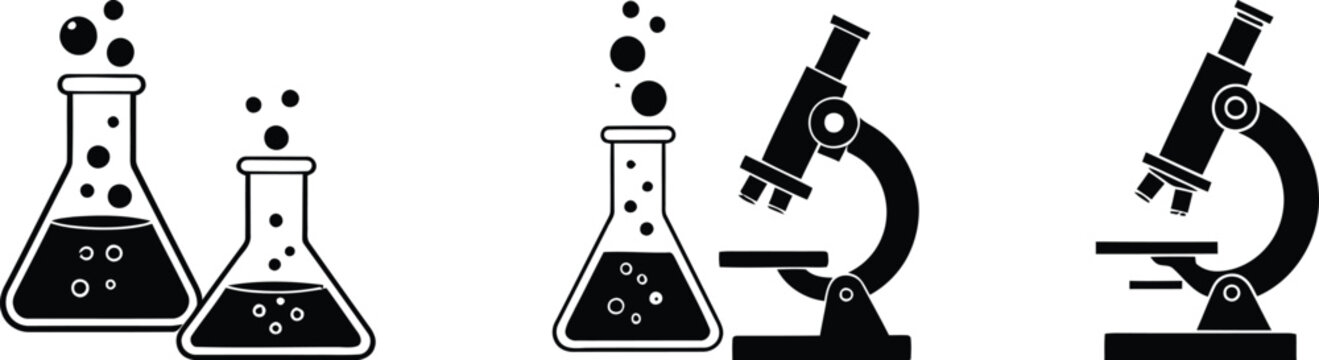 Back to school science equipment silhouette icons flasks beakers and microscopes isolated on transparent background