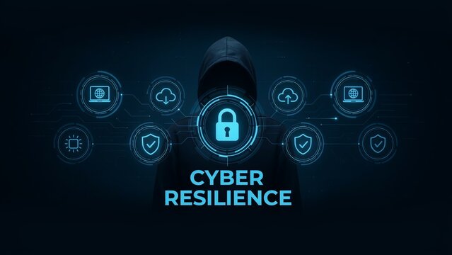 Anonymous hacker in hoodie with cyber resilience lock symbol and icons.