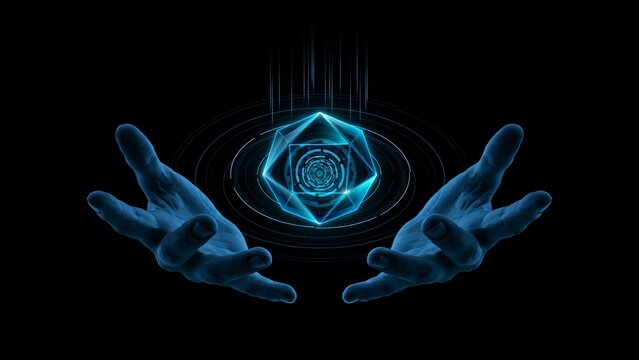 Hands holding glowing futuristic cube with geometric patterns and light beams.