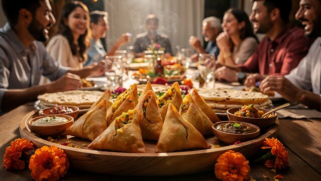 Family enjoying traditional holiday feast together indoors.