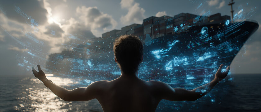 Futuristic Voyage Control: A determined individual with arms outstretched commands a holographic projection of a colossal cruise ship sailing on a sun-drenched ocean.