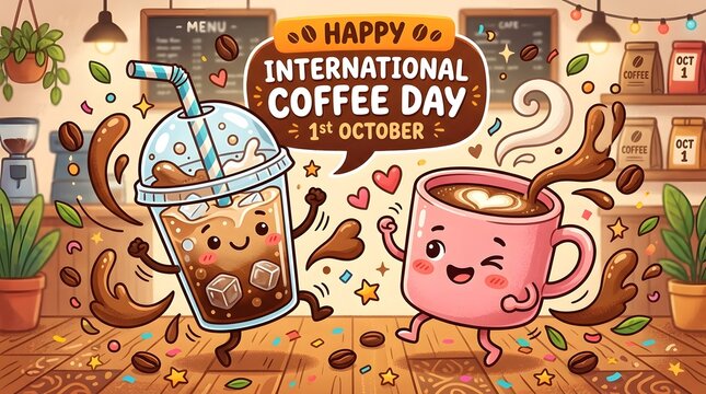 Cute cartoon illustration for international coffee day with happy dancing iced coffee and hot coffee mug characters