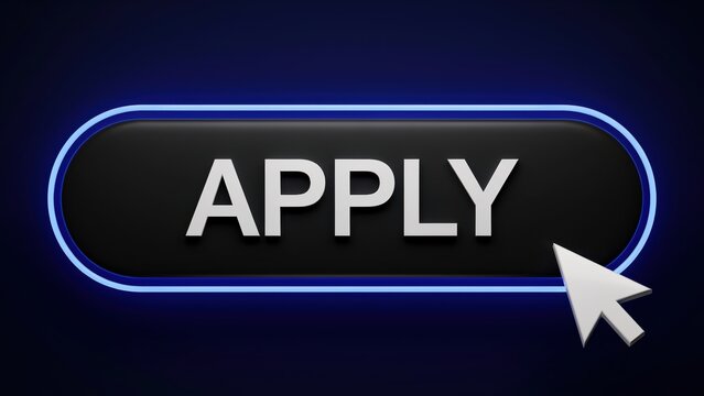Black apply button with glowing blue neon border and mouse cursor pointer on a dark background