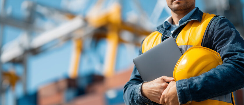 Construction Engineer with Hard Hat and Laptop: A male construction engineer in a high-visibility vest and hard hat, holding a laptop, stands on a site with large cranes in the background.