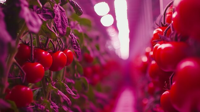 Red Tomatoes Growing in Hydroponic Farm with LED Grow Lights