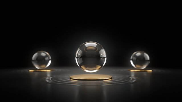 Three transparent glass orbs floating over golden podiums on a black reflective surface with ripples