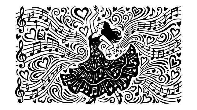 Dynamic Dance of Passionate Expression A Spirited Illustration Woven with Musical Notes and Hearts