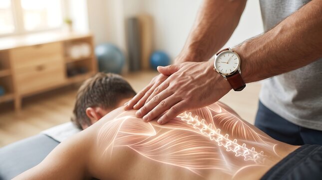 Physiotherapist treating upper back and shoulder pain with a futuristic glowing 3D spine and muscle anatomy hologram overlay in a modern clinic