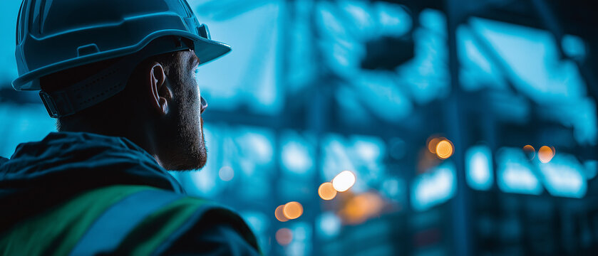 Industrial Vigilance: A construction worker wearing a hard hat and high-visibility vest gazes out at a vast industrial complex at dusk.
