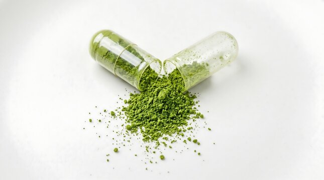 Macro close up of an opened transparent capsule with green herbal extract powder spilling out on a white background