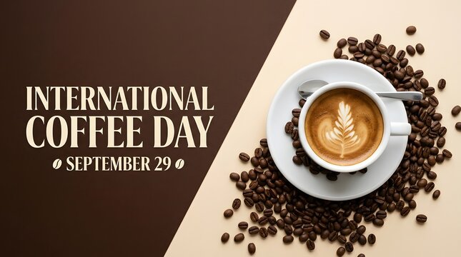 International coffee day september 29 with latte art in a ceramic cup surrounded by roasted coffee beans