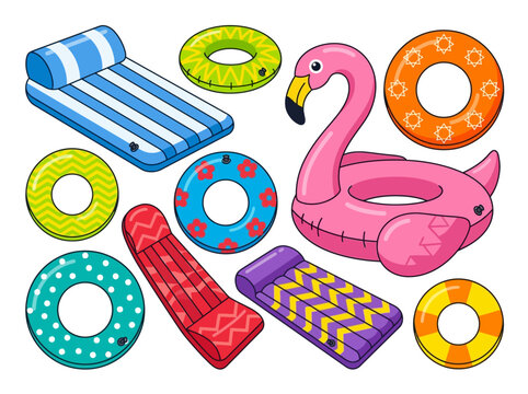 Colorful inflatable pool floats and swim rings set isolated on a clean white background collection