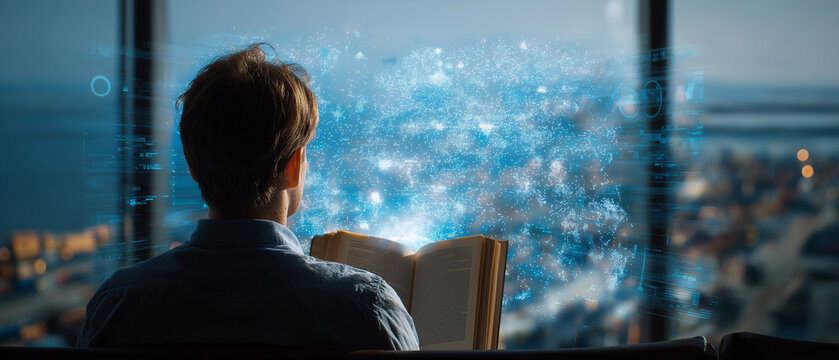 Magic Within Reach: A person immersed in a book, conjuring a magical, luminous cloud of stars and energy, symbolizing the power of knowledge and imagination.