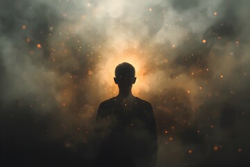 Naklejka premium Silhouette of man standing in glowing smoke and sparks