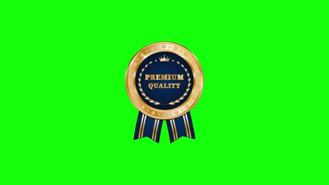 Premium quality gold award badge with ribbons animation on green screen for product marketing.