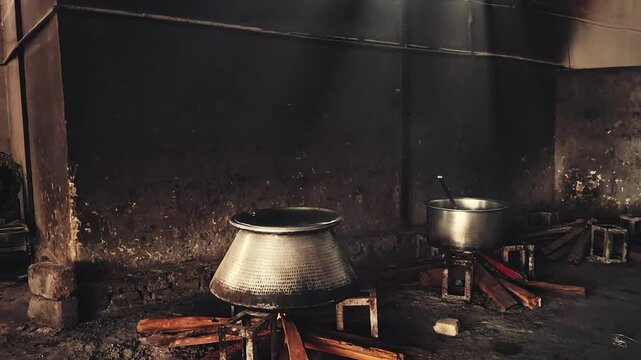 Authentic traditional cooking scene with metal pots over a rustic wood fire, bathed in dramatic sunbeams, reflecting humble Indian village life.