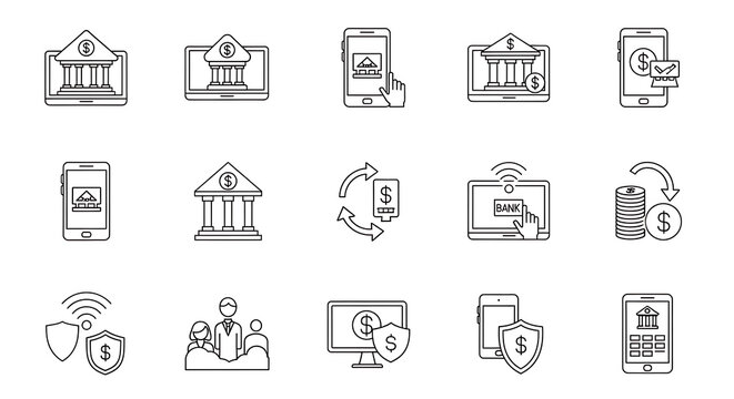 Banking icons collection depicts digital financial operations and secure mobile banking connectivity.
