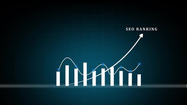 A marketer holds a pen pointing to a graph and shows SEO concepts, optimization analysis tools, search engine rankings, social media sites based on results analysis data.4k motion graphics video