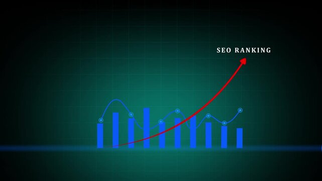 A marketer holds a pen pointing to a graph and shows SEO concepts, optimization analysis tools, search engine rankings, social media sites based on results analysis data.4k motion graphics video