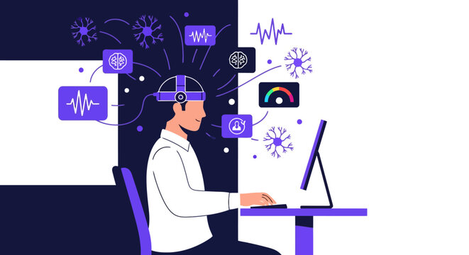 Man wearing a brain-computer interface headset and working on a laptop, illustrating neurotechnology and mind control.