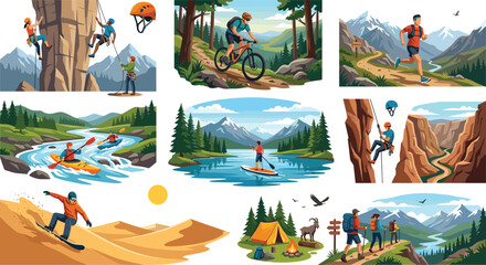 Obraz premium Adventure outdoor sports bundle with rock climbing mountain biking hiking kayaking trail running and sandboarding vector illustration