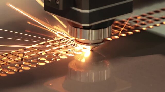 Close-up footage of industrial laser cutting machine creating pattern on metal sheet with sparks flying.